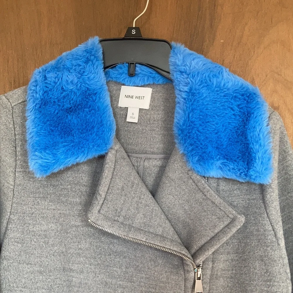 Nine West coat faux fur collar blue collar gray coat moto like style S - Picture 6 of 17